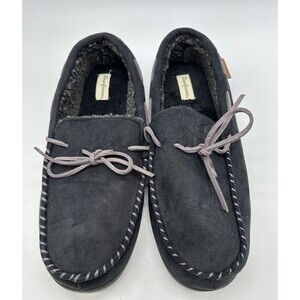 Dearfoams Black Moccasin Slip On Slippers Faux Fur Lined Mens Size XL 13-14 Wide